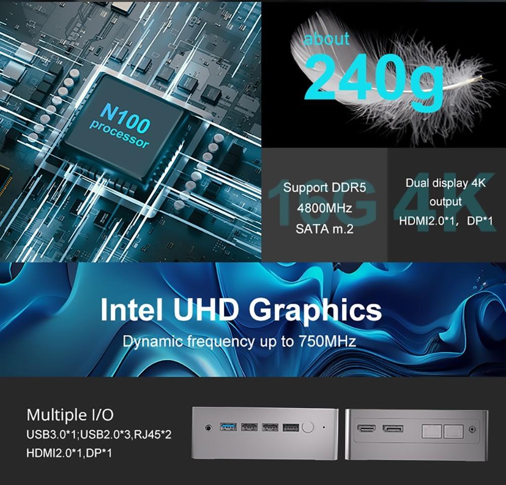 T-bao N100 Mini-pc Intel 12e generatie Alder Lake N100, 16 GB DDR5 512 GB SSD, Windows 11 Pro, WiFi 5 1000M LAN - EU
