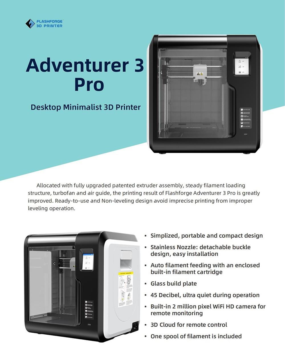 Flashforge Adventurer 3 Pro 3D -Drucker, Auto -Leveling, abnehmbare Düse, Glasbauplatte, Kamera -Monitor, 150*150*150 mm