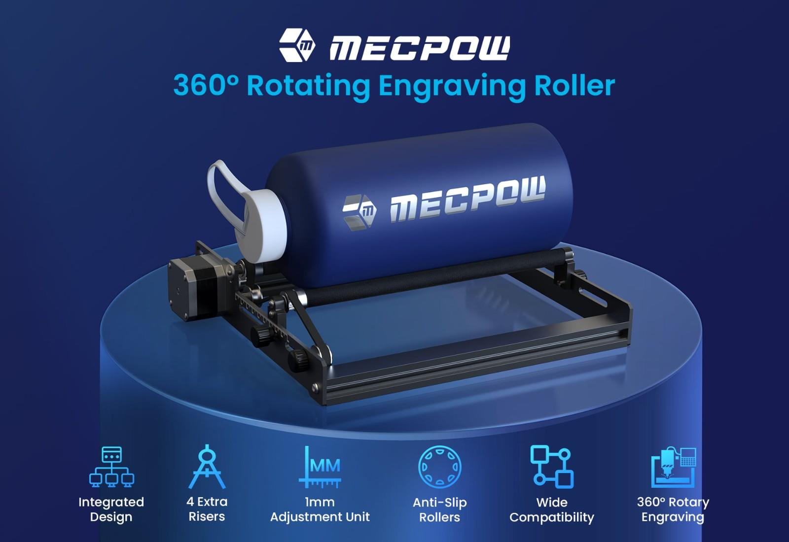 Mecpow G3 Laser Rotary Roller with Risers, 360 Degree Engraving for Cylindrical Objects 1mm Accuracy Adjustment Unit