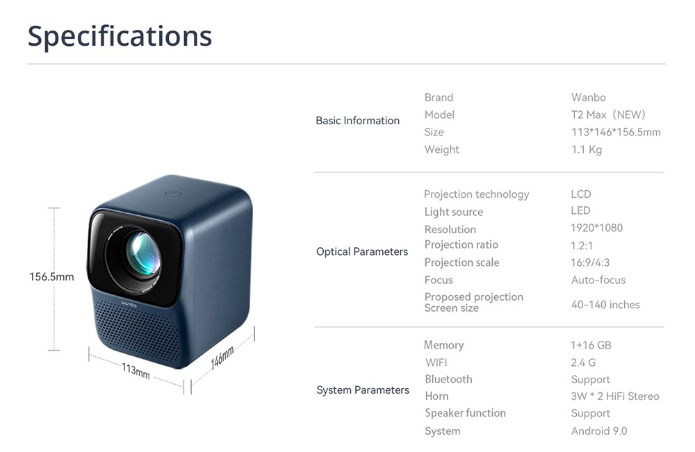 Wanbo T2 Max  NEW LCD Projektor, AI-Autofokus, 450 ANSI, 16 Millionen Farbspektrum - Weiß