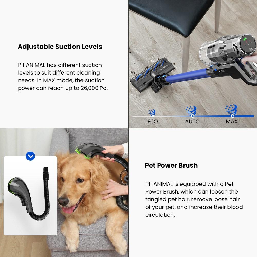 Proscenic P11 Animal Cordless Vacuum Cleaner, 26000Pa Suction, Pet Power Brush, Detachable Battery, Max 45Mins Runtime