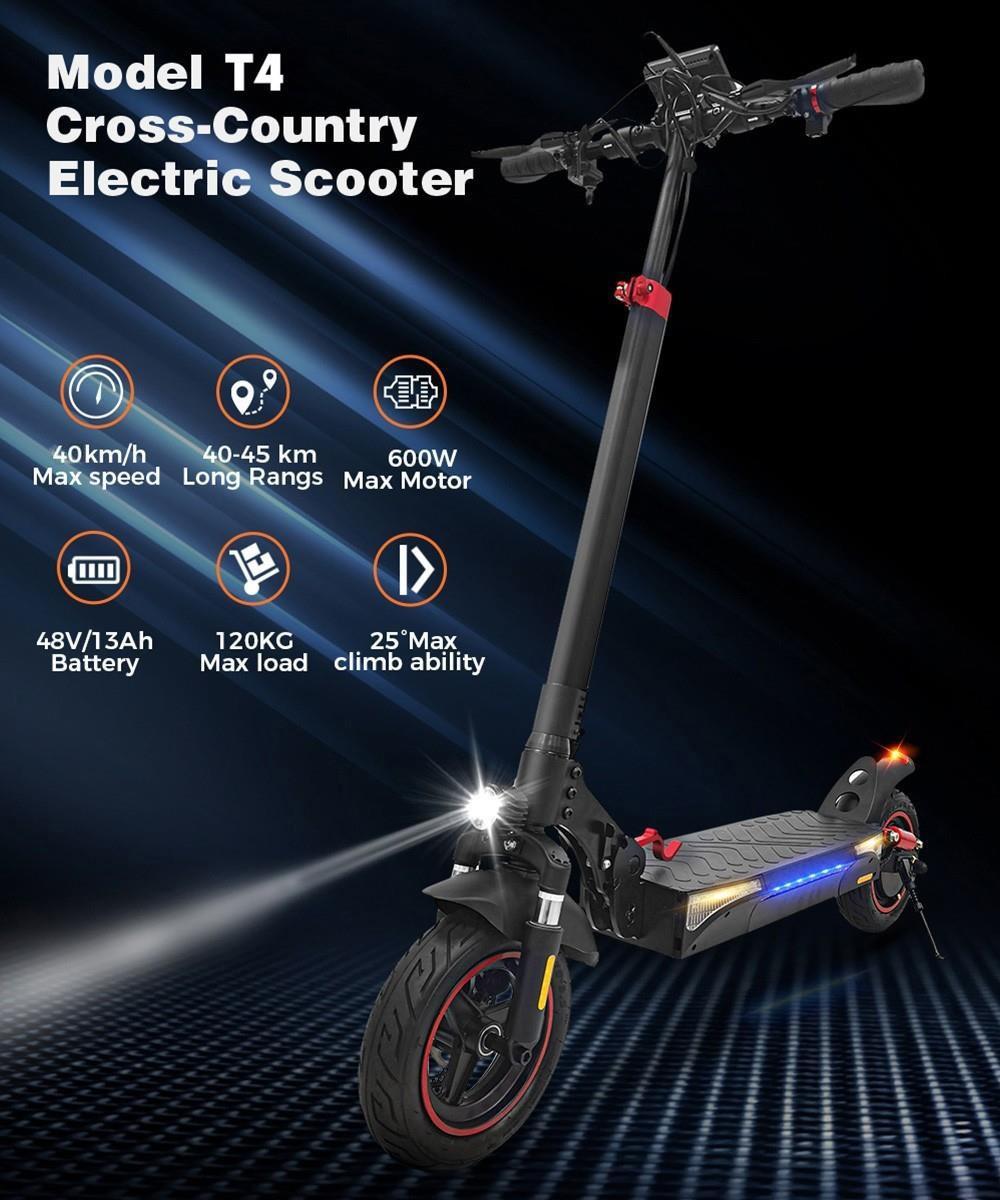 iScooter T4 Elektroroller, 10 Zoll Wabenreifen, 600W Motor, 40 km/h Höchstgeschwindigkeit, 48V 13Ah Batterie