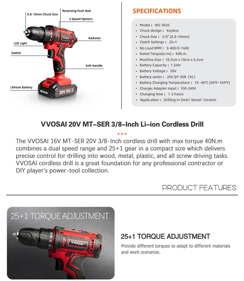 VVOSAI WS-3020-A1 20V Snoerloze Boor Elektrische Schroevendraaier, 3/8 inch Boormaat, 2 Snelheden, 1,5Ah Batterij