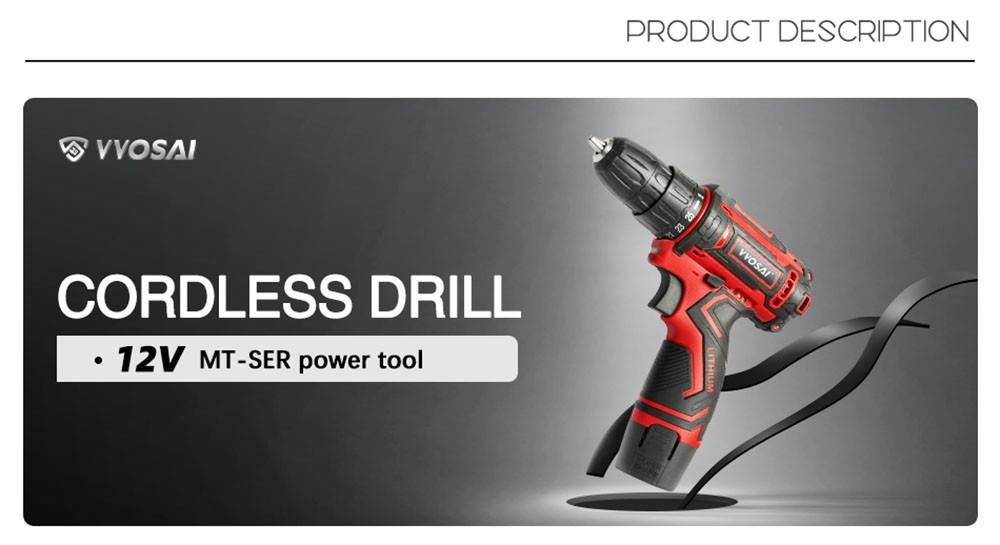 VVOSAI WS-3012-B2P 12V Cordless Drill Electric Screwdriver, 3/8 inch Chuck Size, 2 Speed, with 28pcs Drill Bits Kit