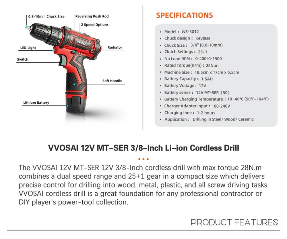 VVOSAI WS-3012-B2P 12V Cordless Drill Electric Screwdriver, 3/8 inch Chuck Size, 2 Speed, with 28pcs Drill Bits Kit
