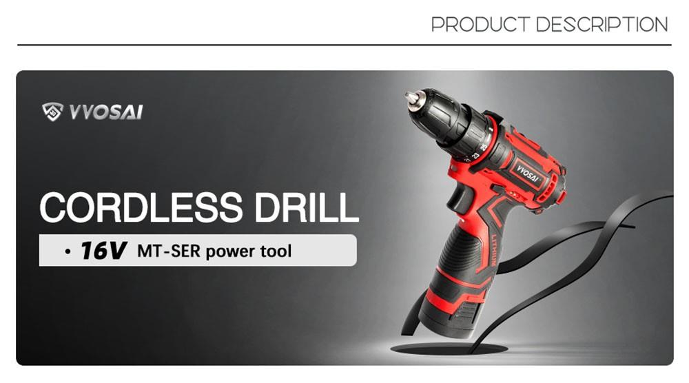 VVOSAI WS-3016-B2P 16V Cordless Drill Electric Screwdriver, 3/8 inch Chuck Size, 2 Speed, with 28pcs Drill Bits Kit