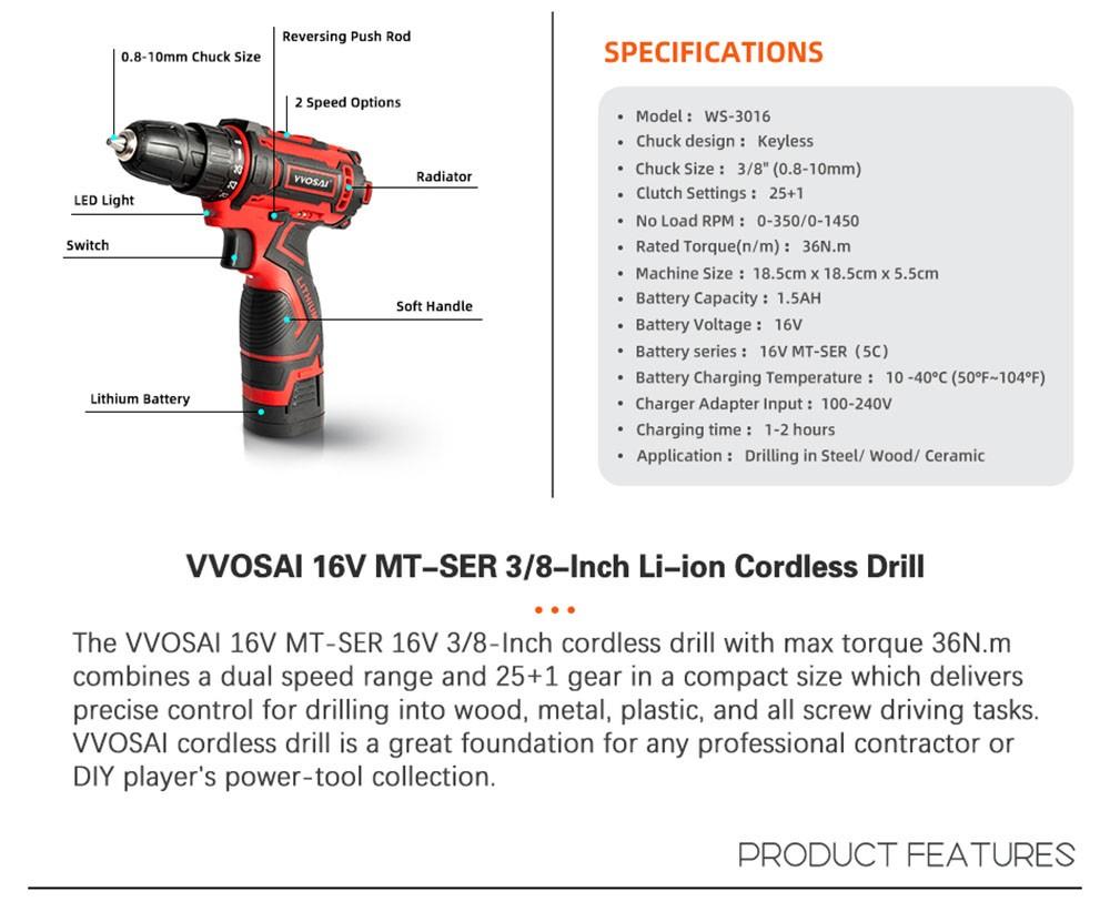 VVOSAI WS-3016-B2P 16V Snoerloze Boormachine Elektrische Schroevendraaier, 3/8 inch Boormaat, 2 Snelheden