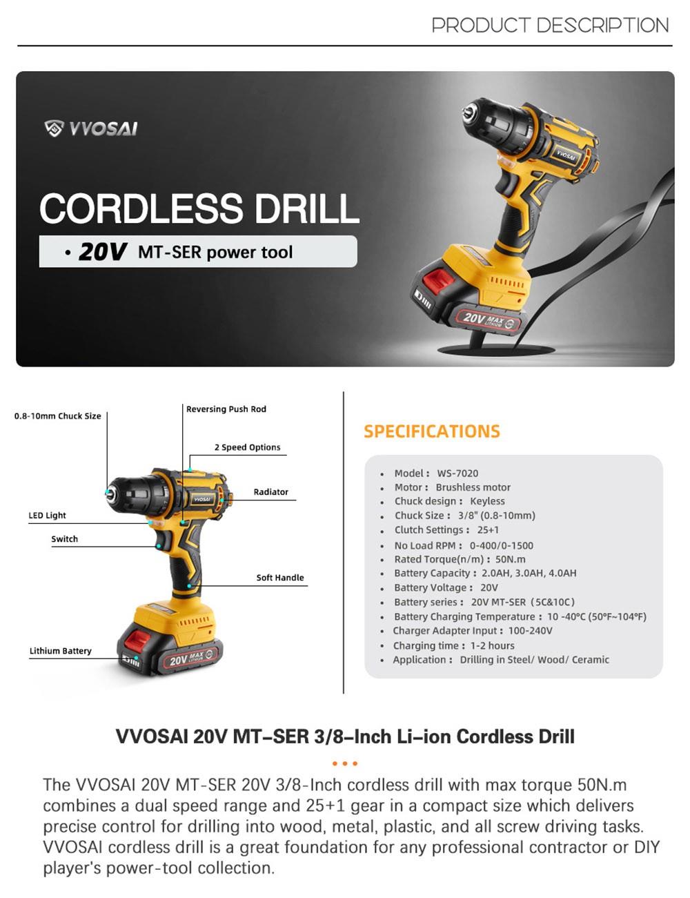 VVOSAI WS-7020-A1 20V Cordless Drill Electric Screwdriver, 3/8 inch Chuck Size, 2 Speed, 50N.m Torque, 3.0Ah Battery