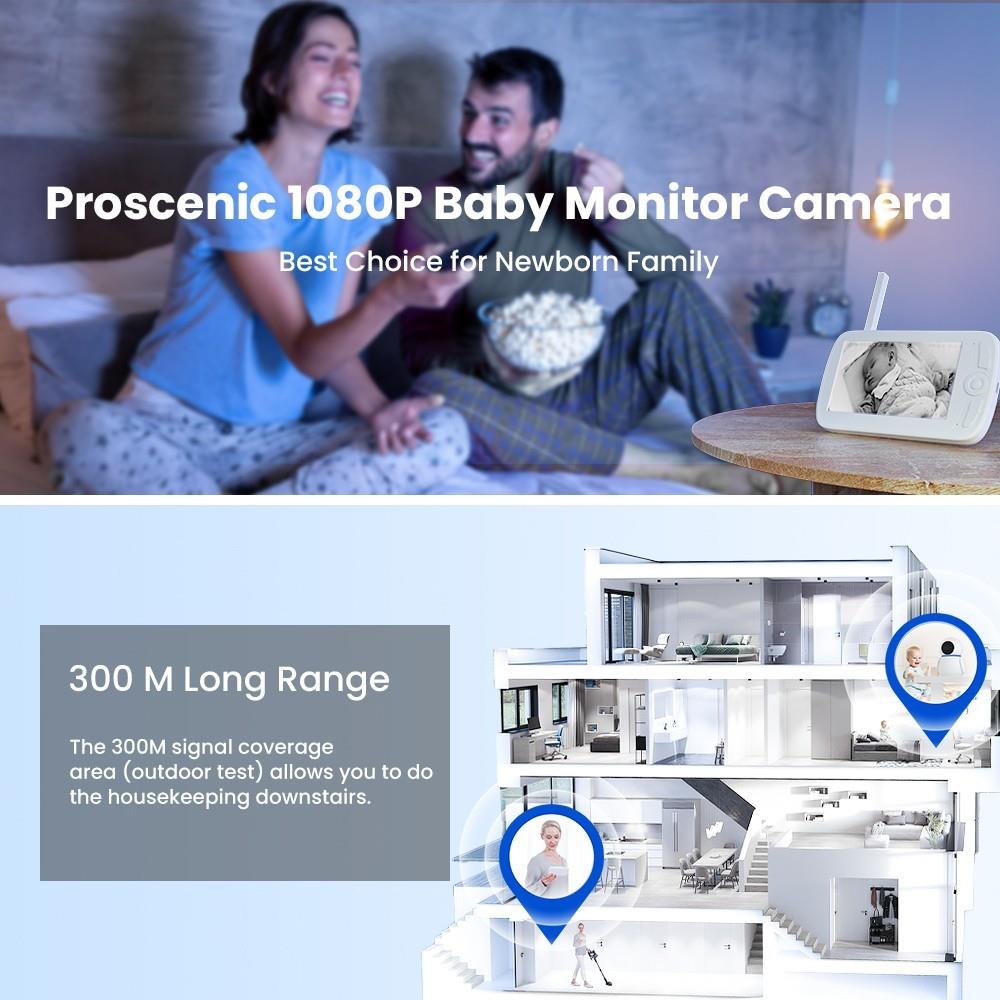 Proscenic BM300 Babyphone, 1080P HD Kamera, 5 Zoll Bildschirm, Nachtsicht, 2-Wege Audio, VOX Modus, Temperatursensor