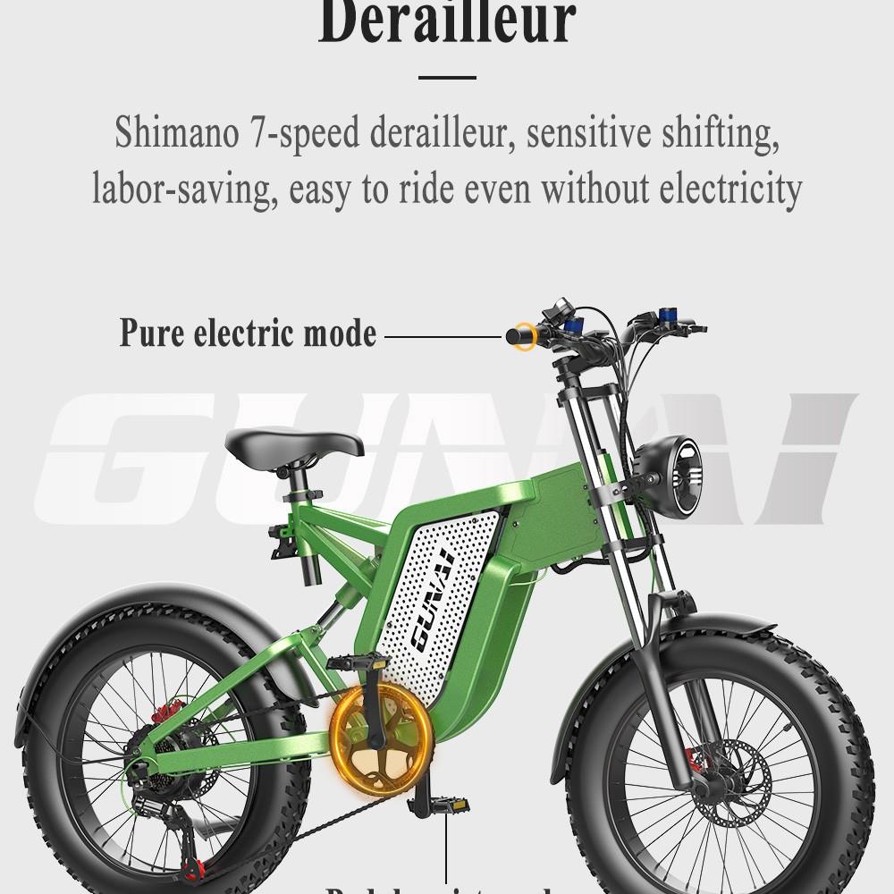 GUNAI MX25 Electric Bike, 20*4.0in Fat Tire, 1000W Motor, 40-50km/h Max Speed, 48V 25Ah Battery, 200kg Load - Green