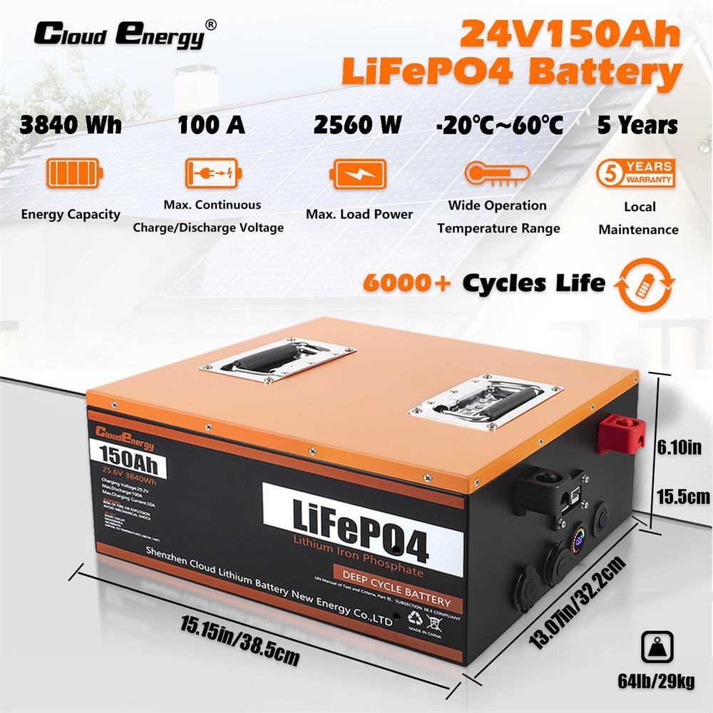 Cloudenergy 24V 150Ah LiFePO4 accu back-upvermogen, 3840Wh energie, 6000 cycli, ingebouwd 100A BMS