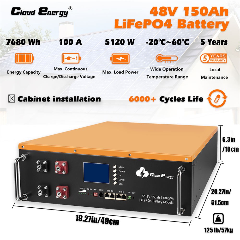 Cloudenergy 48 V 150 Ah Lithium LiFePO4 Deep Cycle Akku im Schranktyp, 7680 Wh, 6000 Lebenszyklen