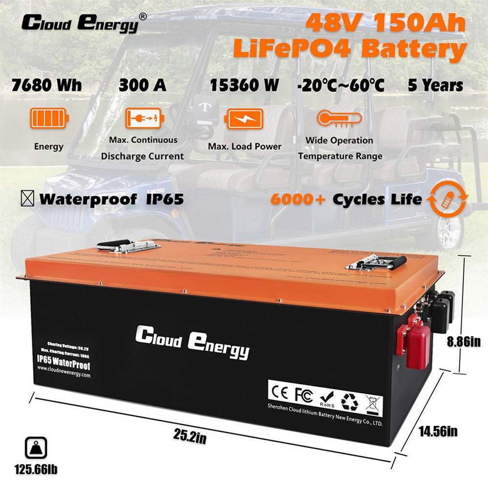 Cloudenergy 48V 150Ah LiFePO4 Deep Cycle accu voor golfkar, 7680Wh energie, ingebouwd 300A BMS