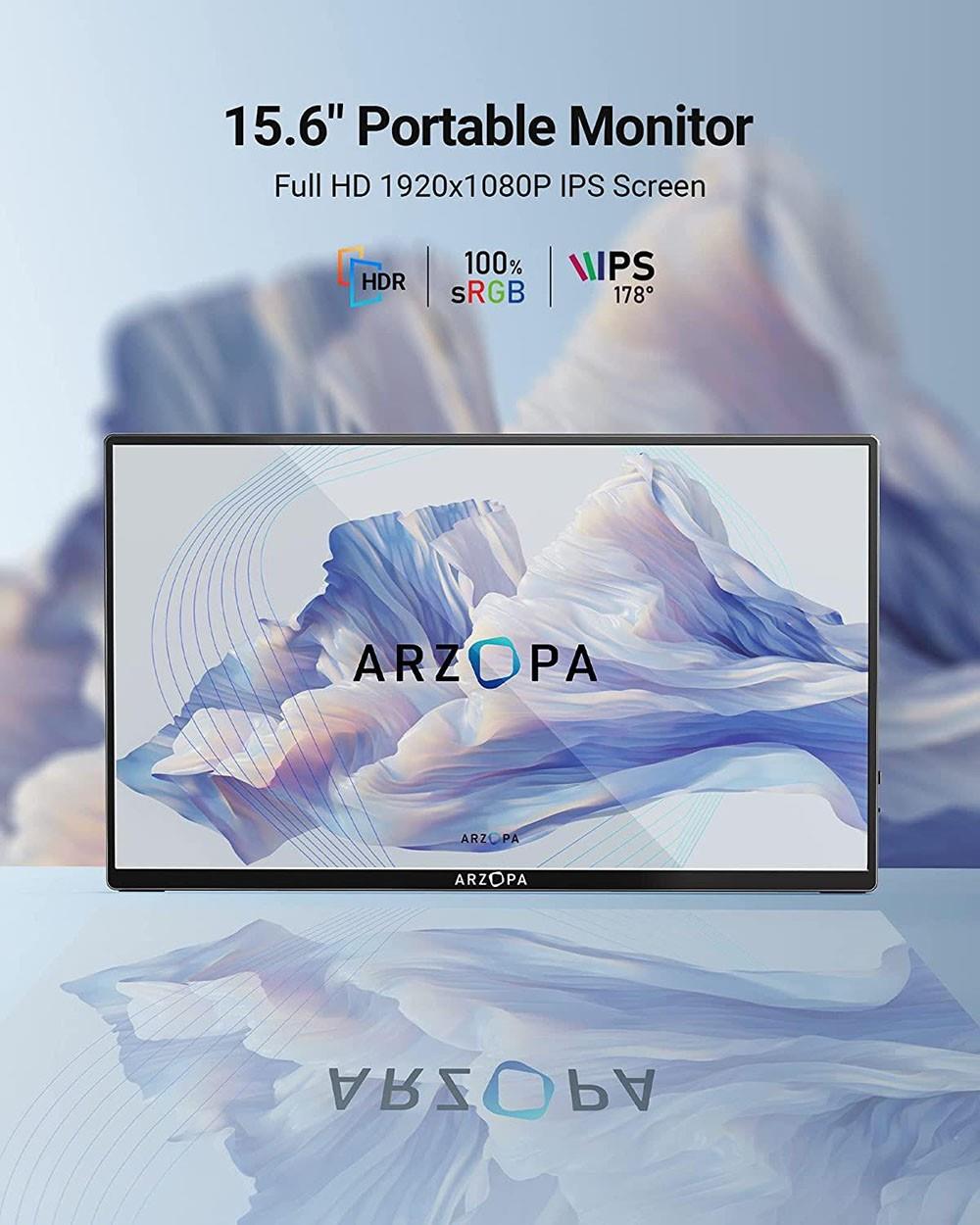ARZOPA 15,6 inch draagbare monitor 1920*1080, 60Hz verversingssnelheid, HDR 10, ingebouwde dubbele luidsprekers