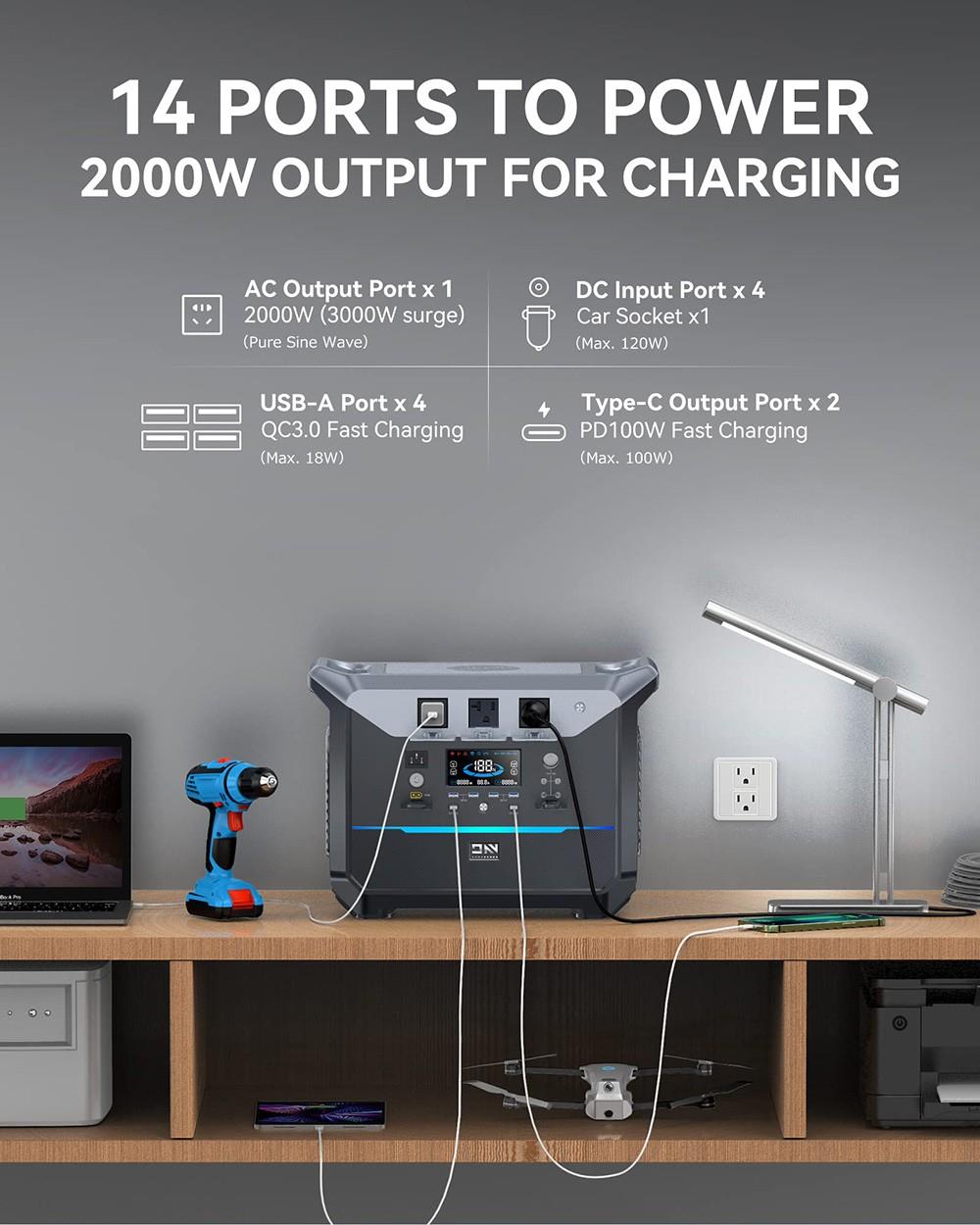 DaranEner NEO2000 Portable Power Station, 2073.6Wh LiFePO4 Battery Solar Generator, 2000W AC Output, 1.8H Full Charge