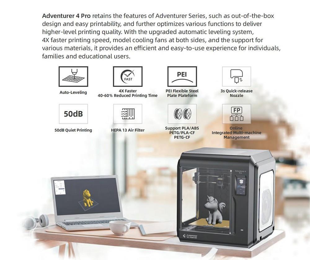 Flashforge Adventurer 4 Pro 3D-printer, 30-punts auto-nivellering, time-lapse video, max 300 mm/s, 220*200*250 mm
