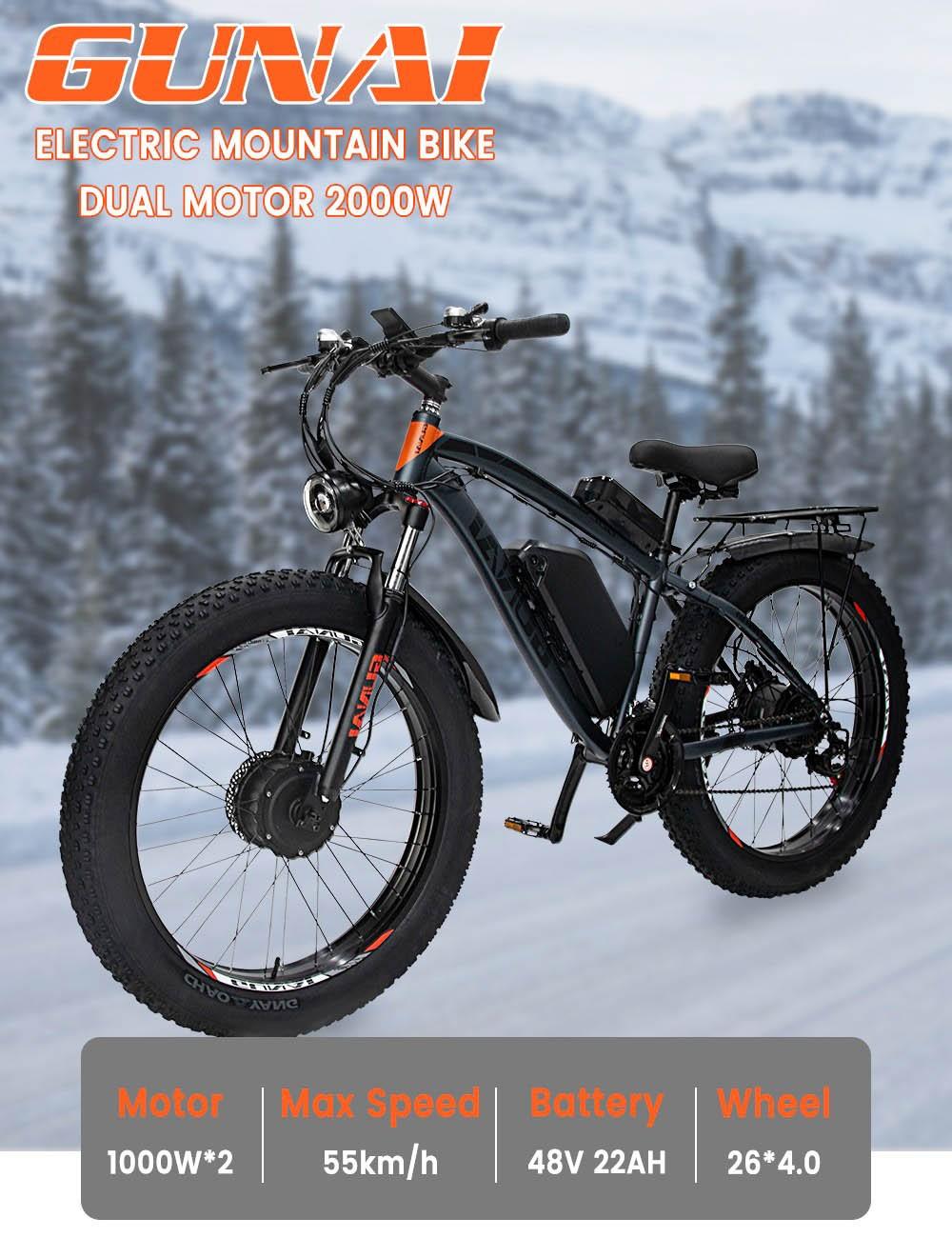 GUNAI GN88 Elektrische Mountainbike, 26*4.0in dikke banden, 1000W*2 motoren, 48V 22Ah accu