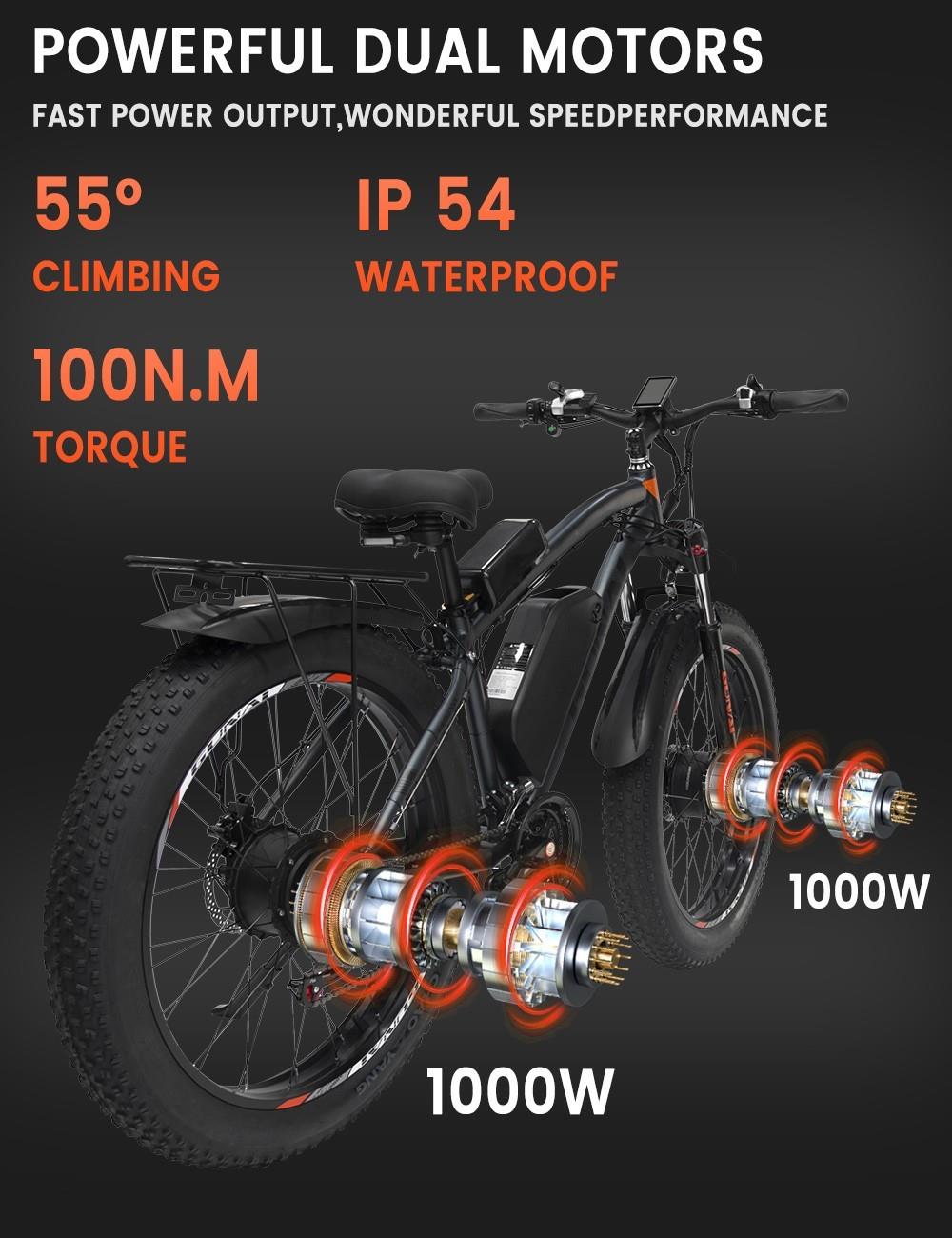 GUNAI GN88 Elektrische Mountainbike, 26*4.0in dikke banden, 1000W*2 motoren, 48V 22Ah accu