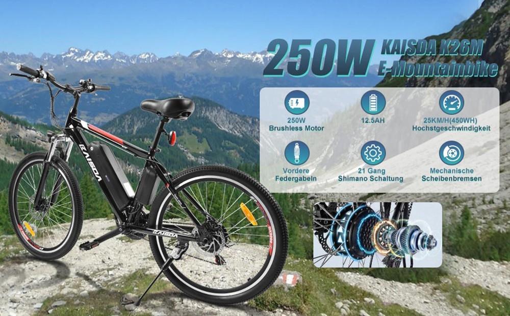 KAISDA K26M Electric Urban Bike, 26*1.95in Tires, 36V 250W Motor, 12.5Ah Battery, 120kg Load