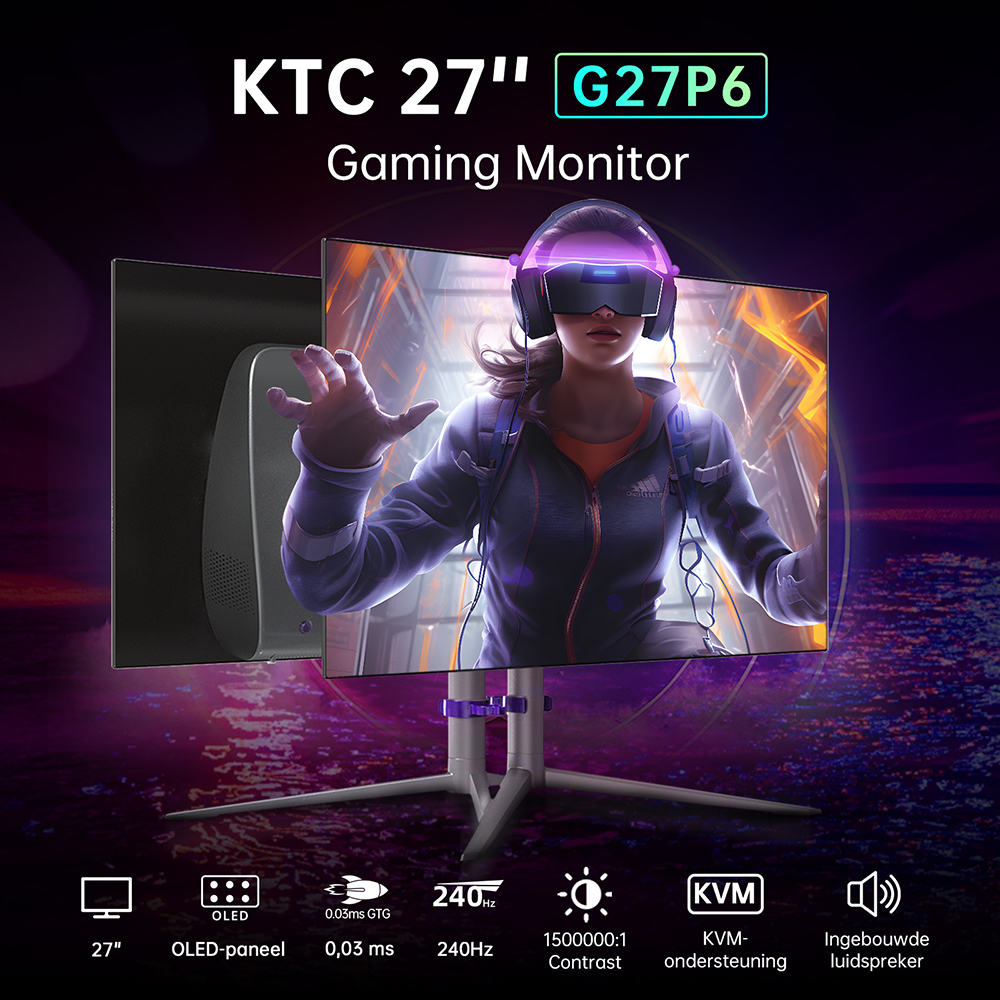 KTC G27P6 27-inch OLED Gaming Monitor met 2560x1440 resolutie, 240Hz Refresh, ingebouwde luidsprekers