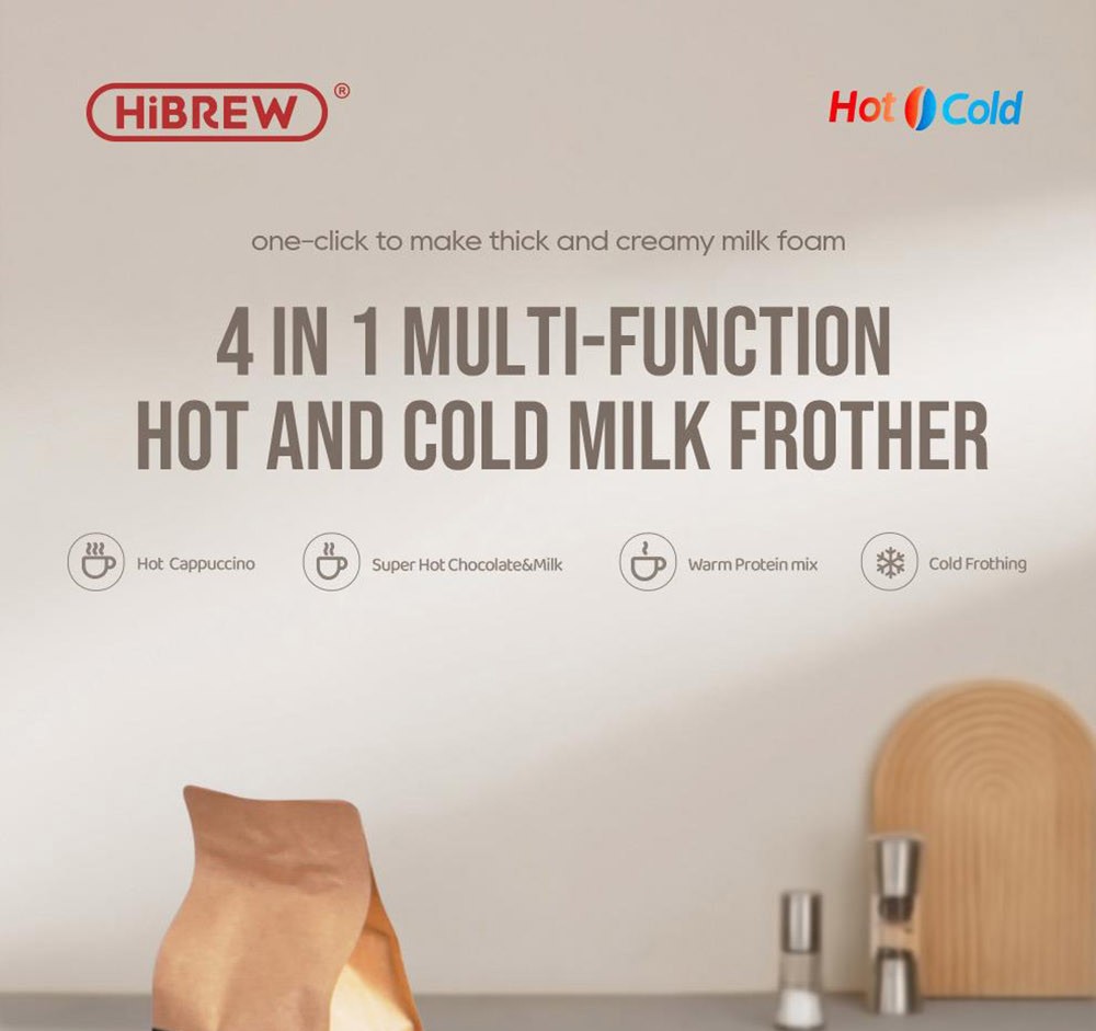 HiBREW M3A 4 in 1 Milk Frother Foamer, Fully Automatic Milk Warmer, Cold/Hot Frothing, 130ml Frothing Capacity