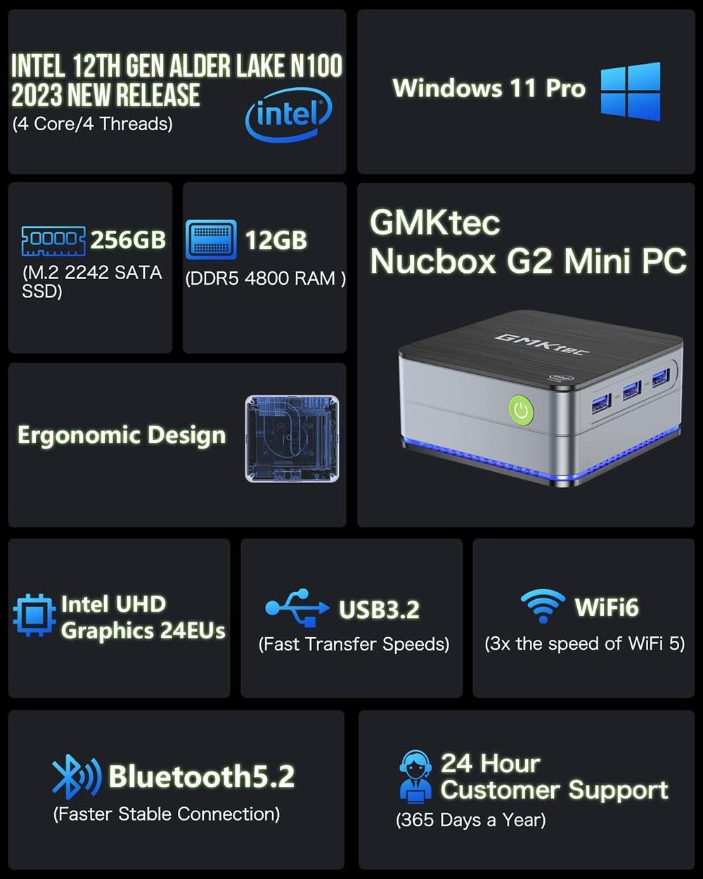 GMK G2 Mini-PC Intel Alder Lake N100 bis zu 3,4 GHz, 12 GB DDR5, 256 GB SSD, WiFi 6, 2*Ethernet 1000 Mbit/s Giga LAN RJ45