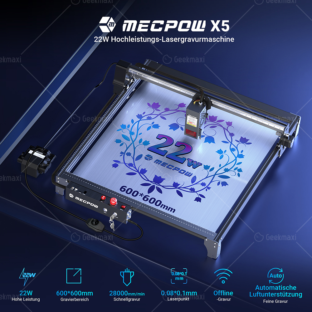 Mecpow X5 22W Lasergraviermaschine, 600x600mm Gravurfläche, 0.08x0.1mm, Laserpunkt mit automatischer Luftunterstützung