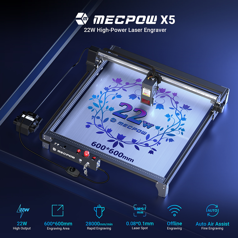 Mecpow X5 22W Laser Engraving Machine, 600x600mm Engraving Area, 0.08x0.1mm, Laser Spot with Auto Air Assist