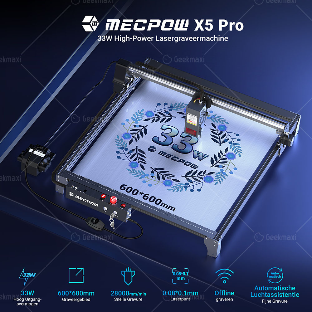 Mecpow X5 Pro 33W Lasergraveermachine, 600x600mm Graveergebied, 0.08x0.1mm, 28000mm/min Graveersnelheid