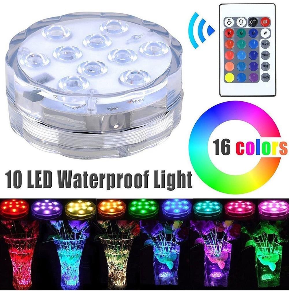 4st RGB onderdompelbare LED-lampjes met afstandsbediening, 10 LEDs, 16 kleuren, 4 modi, op batterijen, IP68 waterdicht