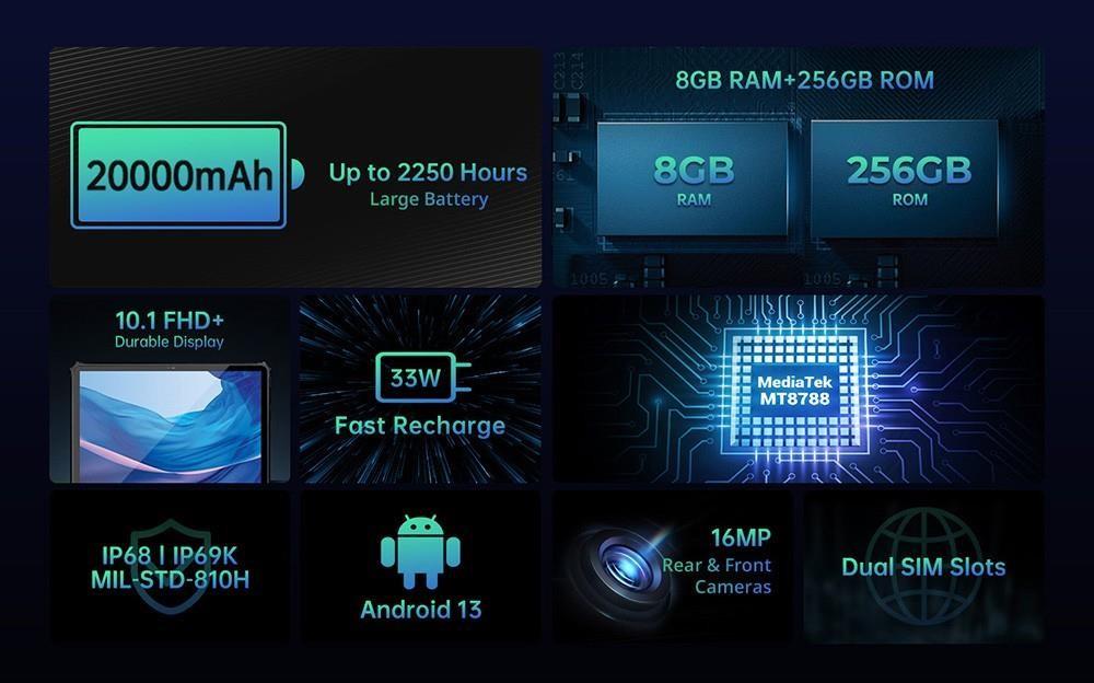 Oukitel RT6 10.1 Zoll Tablet, Mediatek MT8788, 8GB RAM 256GB ROM, Android 13, Dual 16MP Kamera, 20000mAh Akku - Orange