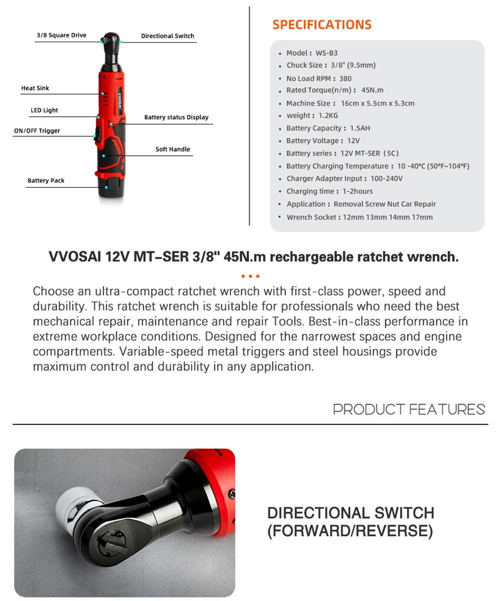 VVOSAI WS-B3-B1 45NM snoerloze elektrische moersleutel, 12V 3/8, hoekboorschroevendraaier om schroefmoer te verwijderen