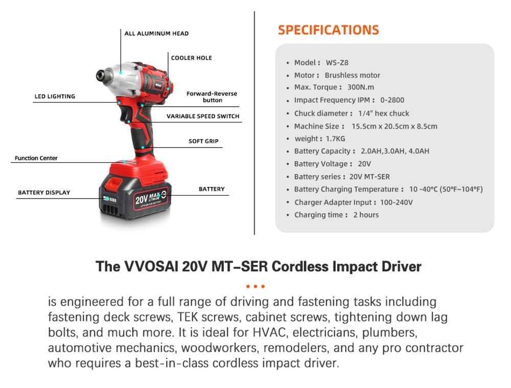 VVOSAI WS-Z8-B2 20V Electric Screwdriver 2.0Ah*2 Rechargeable Batteries 300-320N.m Brushless Motor Impact Drill