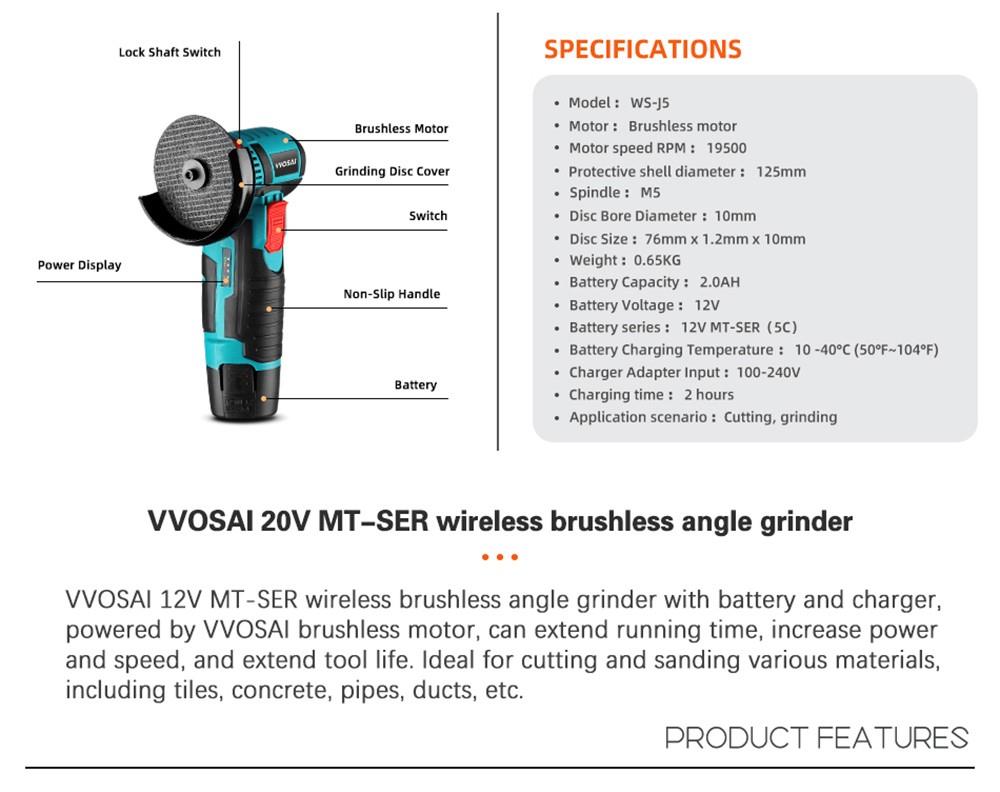 VVOSAI WS-J5-A1 Electric Polishing Machine Brushless Motor - 1 Battery
