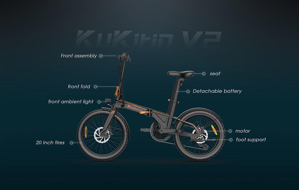 KuKirin V2 City Foldable Electric Bike, 20 Tires, 7.5Ah Removable Battery, 250W Motor, 25km/h Max Speed
