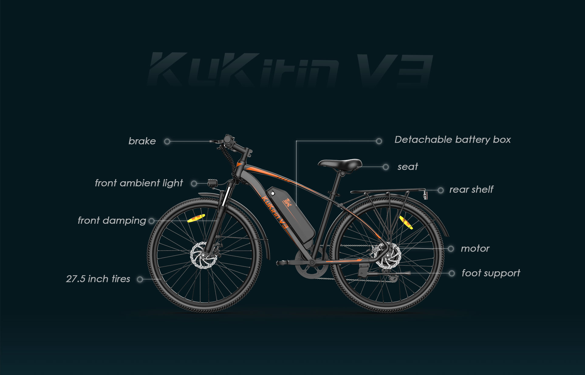 KuKirin V3 Electric Mountain Bike, 27.5 Tires, 15Ah Removable Battery, 90km Max Assistant Mileage, 40km/h Max Speed