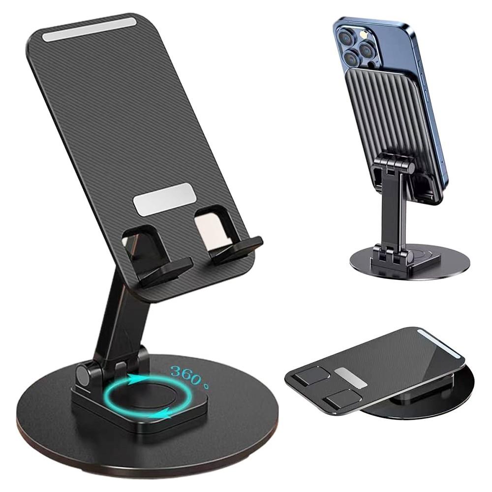 Portable Foldable Phone Stand, 360 Degree Rotation, Height Adjustable, Cell Phone Holder - Black