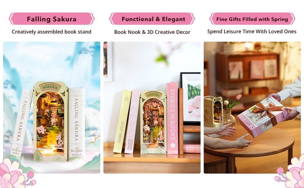 Rolife TGB05 Falling Sakura Book Nook Shelf Insert 3D Wooden Puzzle Kit, 340Pcs