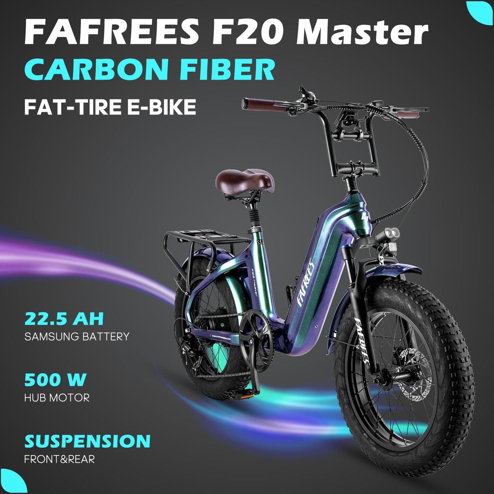 FAFREES F20 Master Elektrofahrrad, Kohlefaser, 500 W Nabenmotor, 48V 22,5Ah Samsung-Akku, 20 x 4,0 Zoll Luftreifen – Schwarz