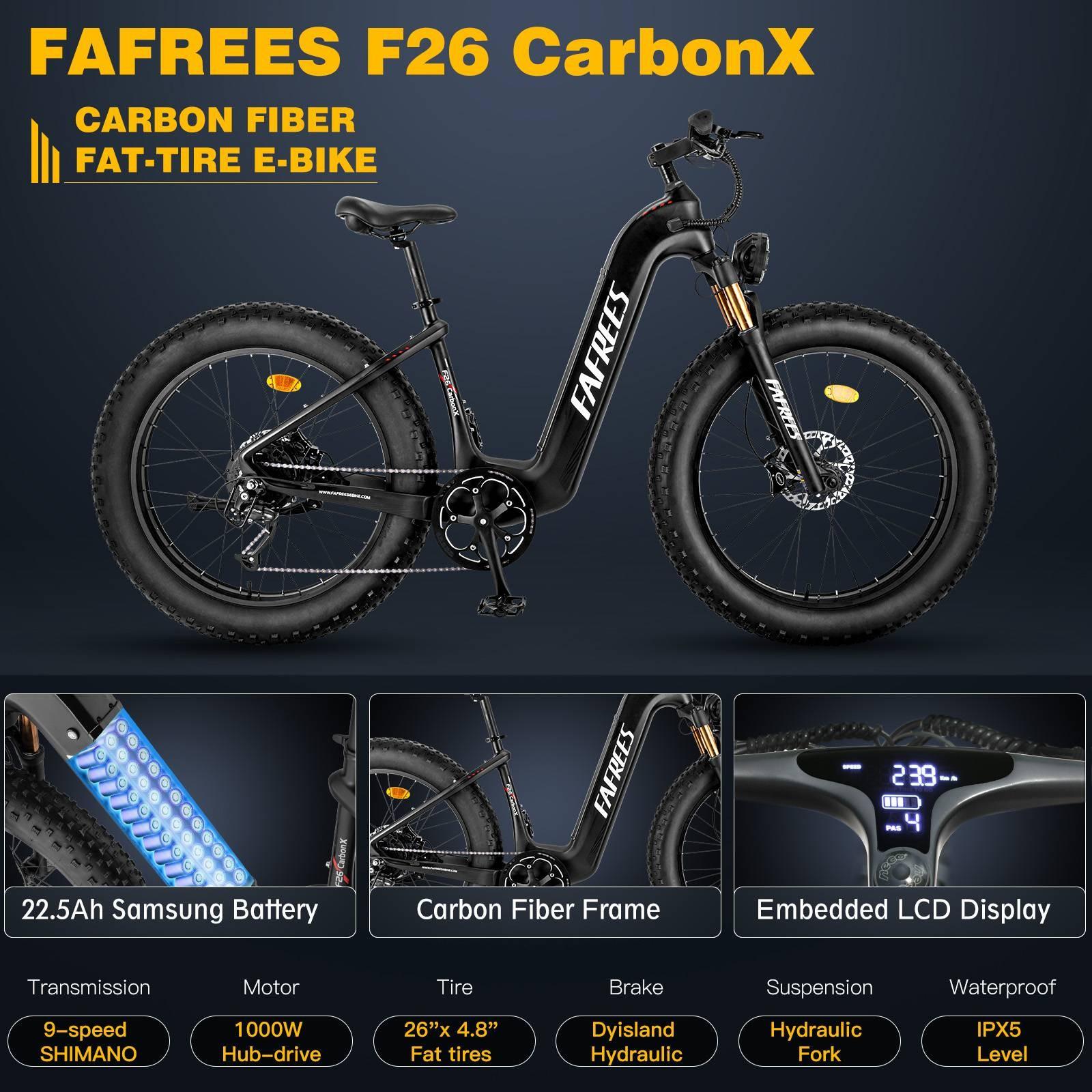 FAFREES F26 Carbon X Step-Thru Elektrofahrrad, Rahmen aus Kohlefaser, 1000W Hinterradmotor, 25km/h, 22.5Ah Akku, 26 Zoll Reifen