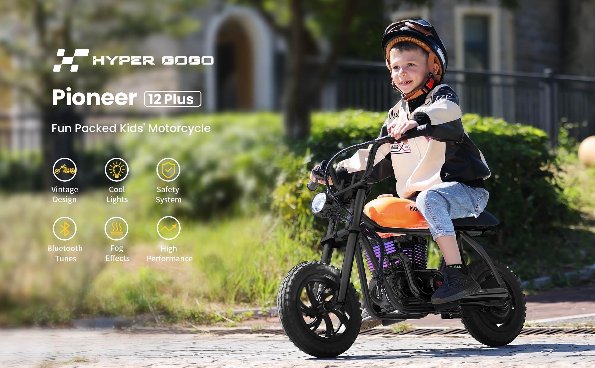 HYPER GOGO Pioneer 12 Plus Elektro-Chopper-Motorrad für Kinder, 21.9V 5.2Ah 160W, 12x3 Reifen, 12KM - Orange