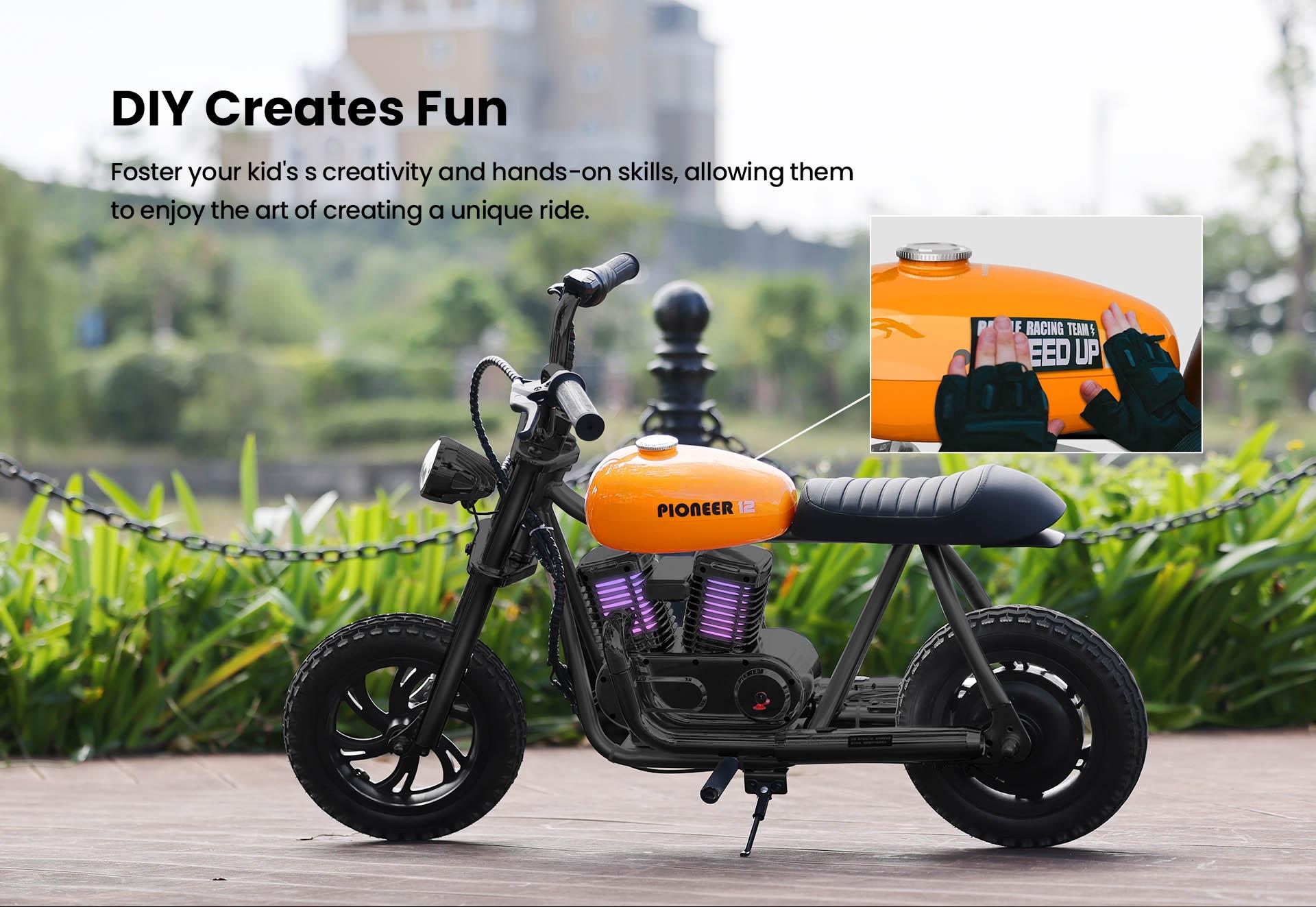 HYPER GOGO Pioneer 12 Plus Electric Chopper Motorcycle for Kids, 21.9V 5.2Ah 160W, 12x3 Tires, 12KM - Orange