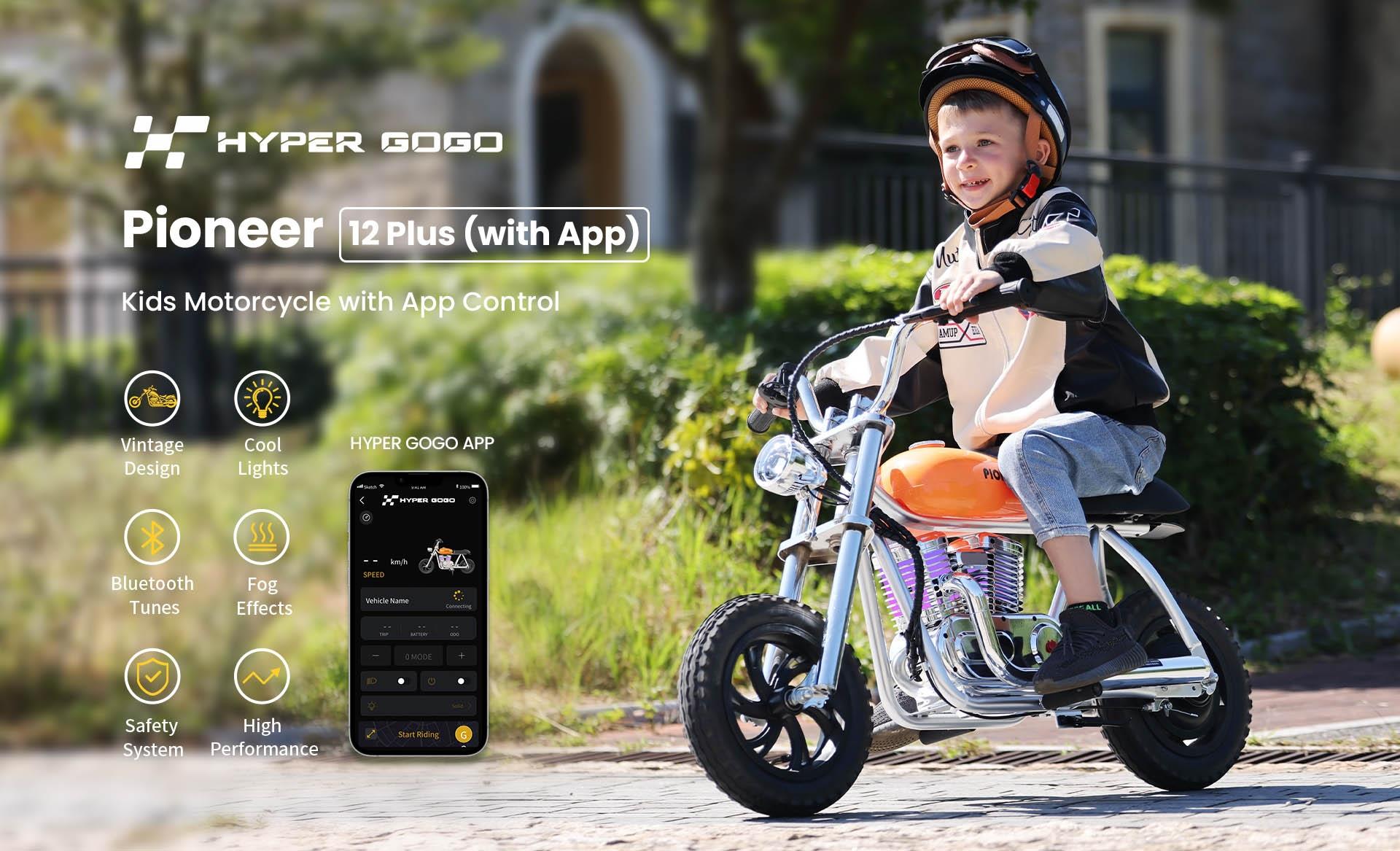 HYPER GOGO Pioneer 12 Plus with App Electric Motorcycle for Kids, 5.2Ah 160W with 12x3 Tires, 12KM Top Range - Blue