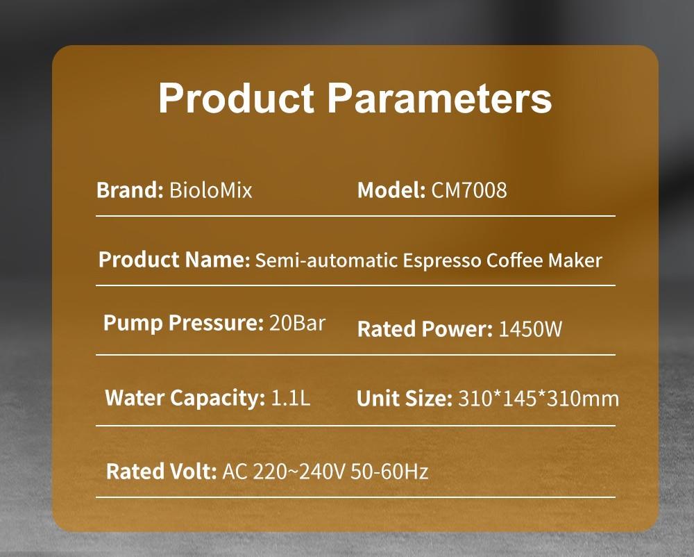 BioloMix CM7008 Semi-Automatic Espresso Coffee Maker with Milk Steam Frother Wand, 20 Bar Pressure, 1.1L Water Tank