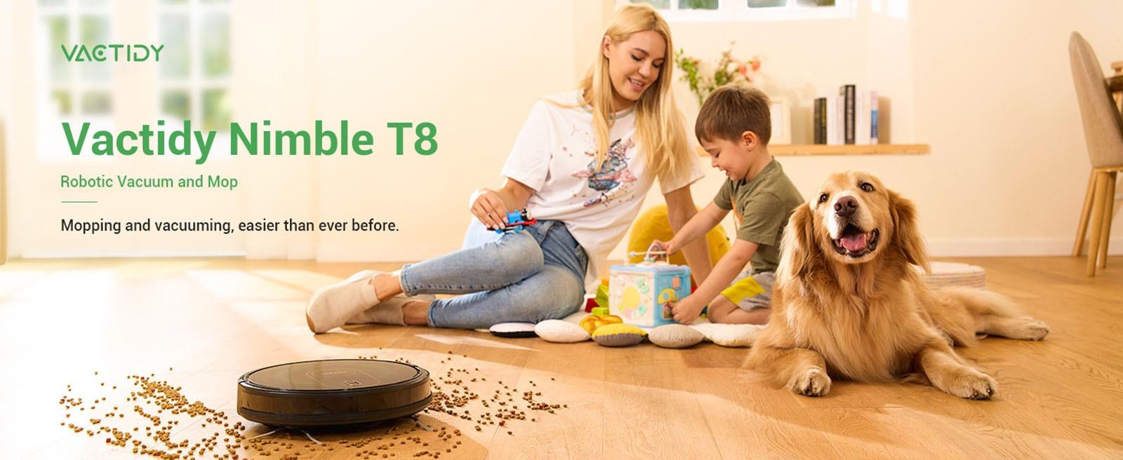 Vactidy T8 Robot Vacuum Cleaner, 2 in 1 Mopping Vacuum, 3000Pa Suction, 250ml Dust Bin, Carpet Detection, App Control