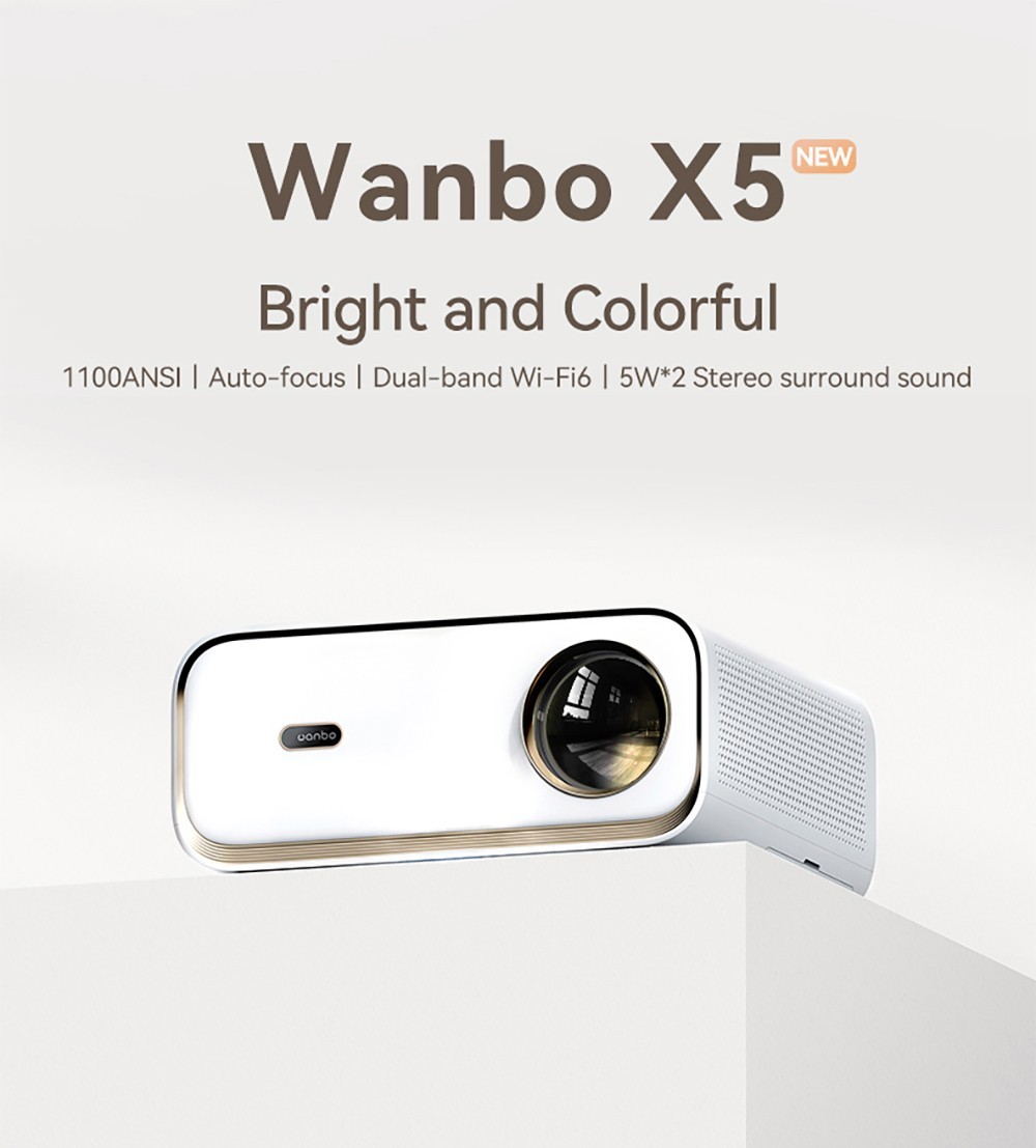Wanbo X5 LCD Projektor, 1080P, 1100 ANSI Lumen, automatische Trapezkorrektur, Dualband WiFi 6, Bluetooth 5.0 - Perlglanz