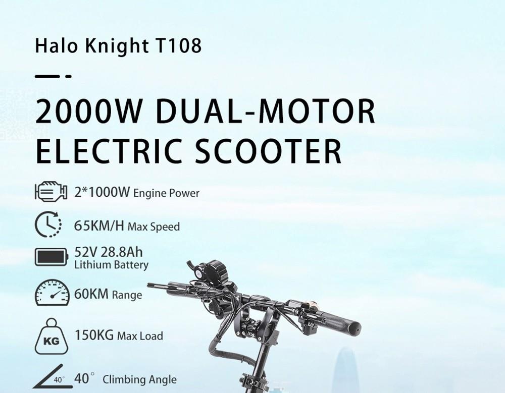 Halo Knight T108 10 Zoll Straßenreifen-Elektroroller, 1000 W*2 Motor, 65 km/h, 52 V 28,8 Ah Batterie, 60 km