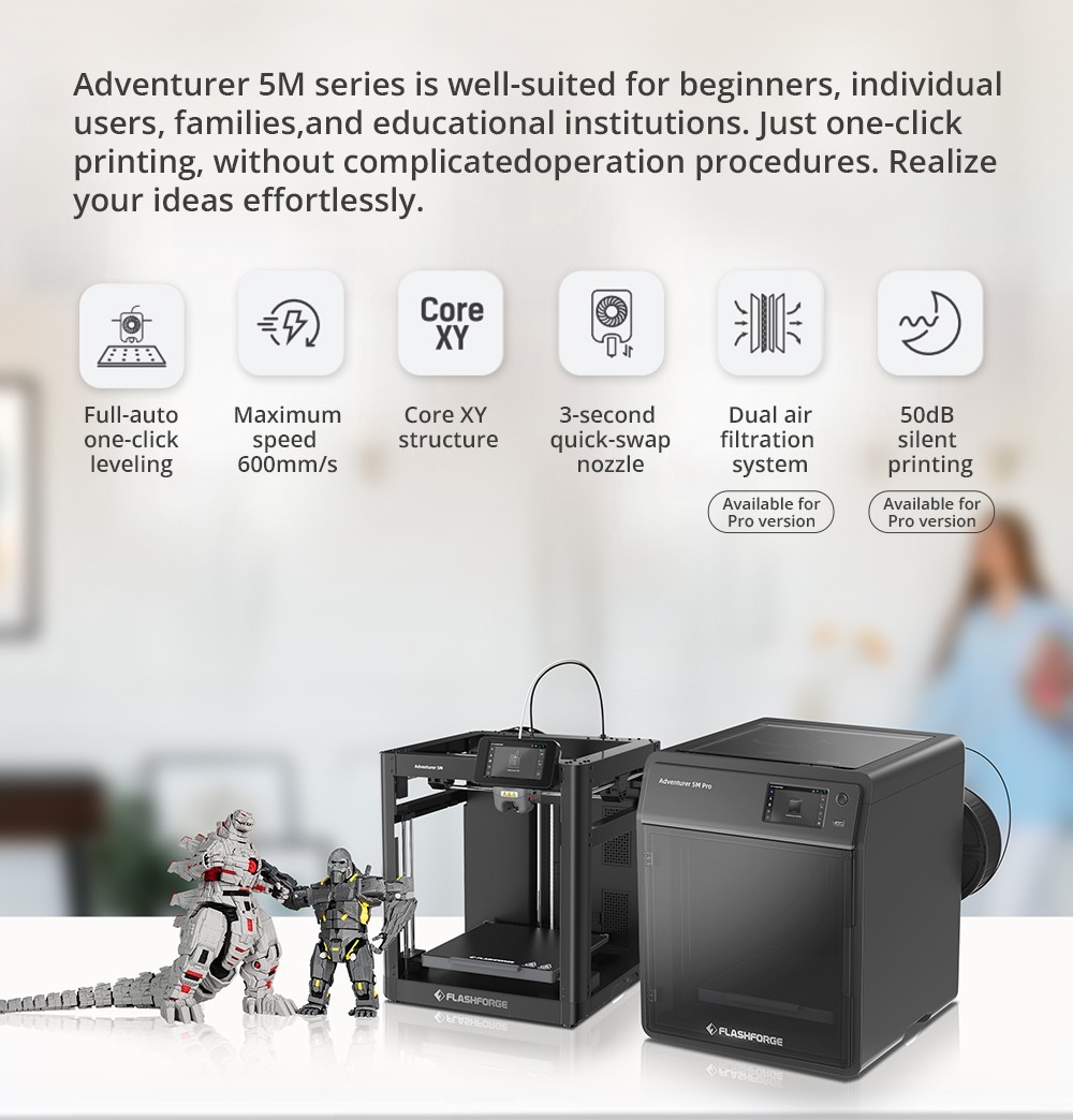 Flashforge Adventurer 5M Pro 3D Printer, Auto Leveling, 600mm/s Max Printing Speed, Camera Monitoring