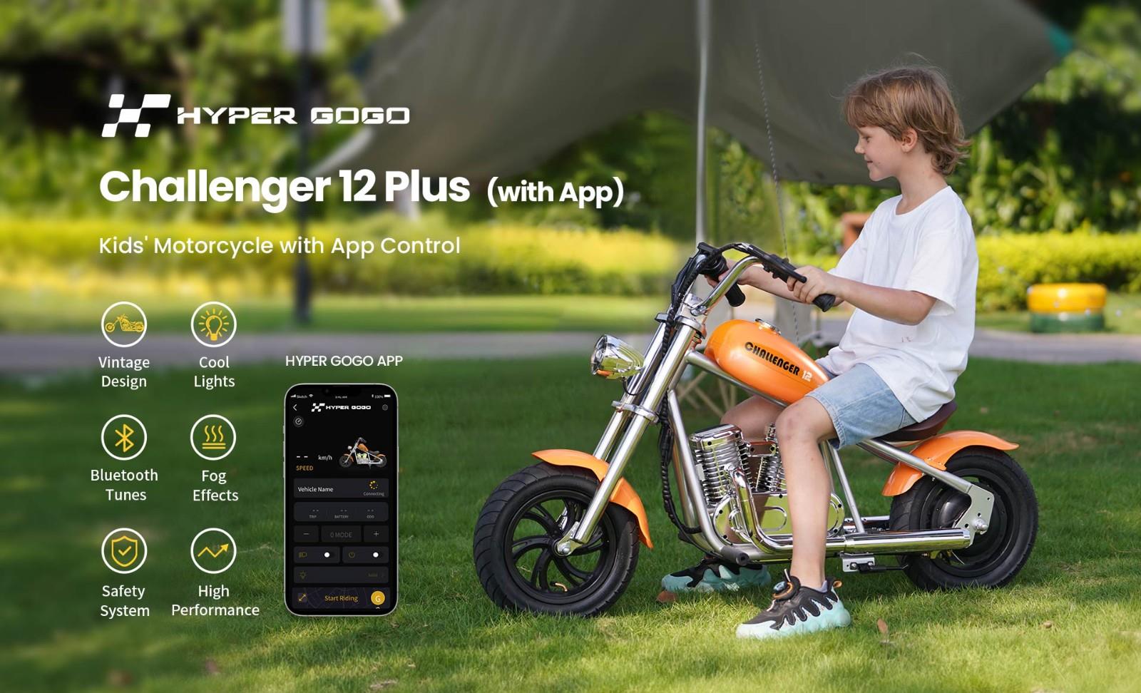 Hyper GOGO Challenger 12 Plus Electric Motorcycle with App for Kids, 12 x 3 Tires, 160W, 5.2Ah, Bluetooth Speaker - Orange