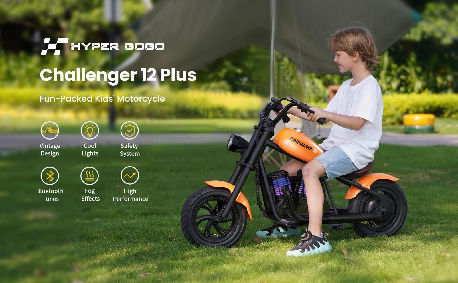 Hyper GOGO Challenger 12 Plus Electric Motorcycle for Kids, 12 x 3 Tires, 160W, 5.2Ah, Speaker - Black